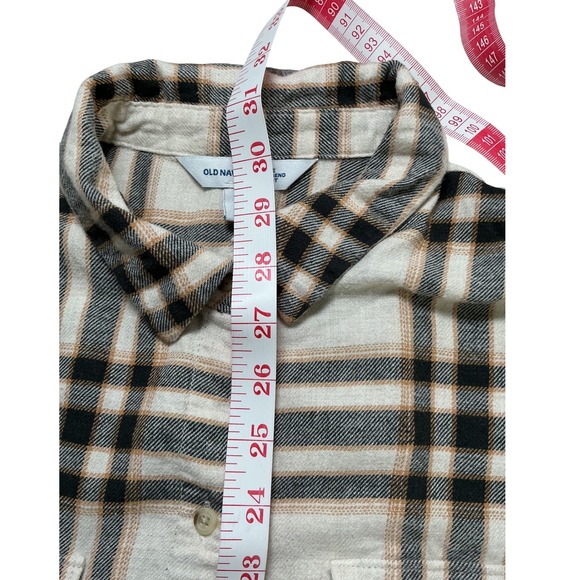 Old Navy Women's Beige Black Plaid Boyfriend Flannel Shirt Size L Long Sleeve - Picture 5 of 6